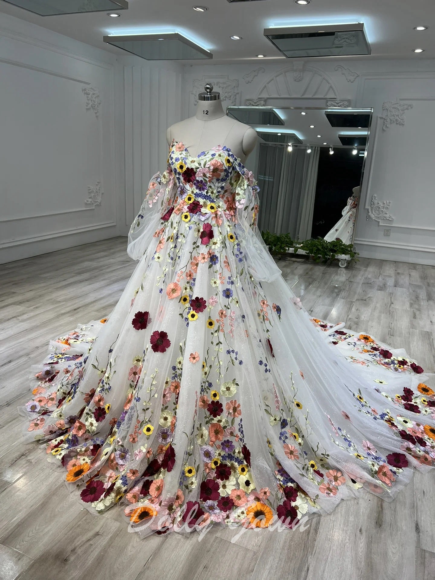 wedding dress with colored flowers